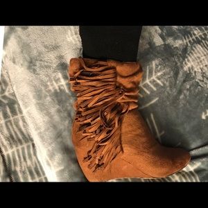 Tan wedge fringe booties